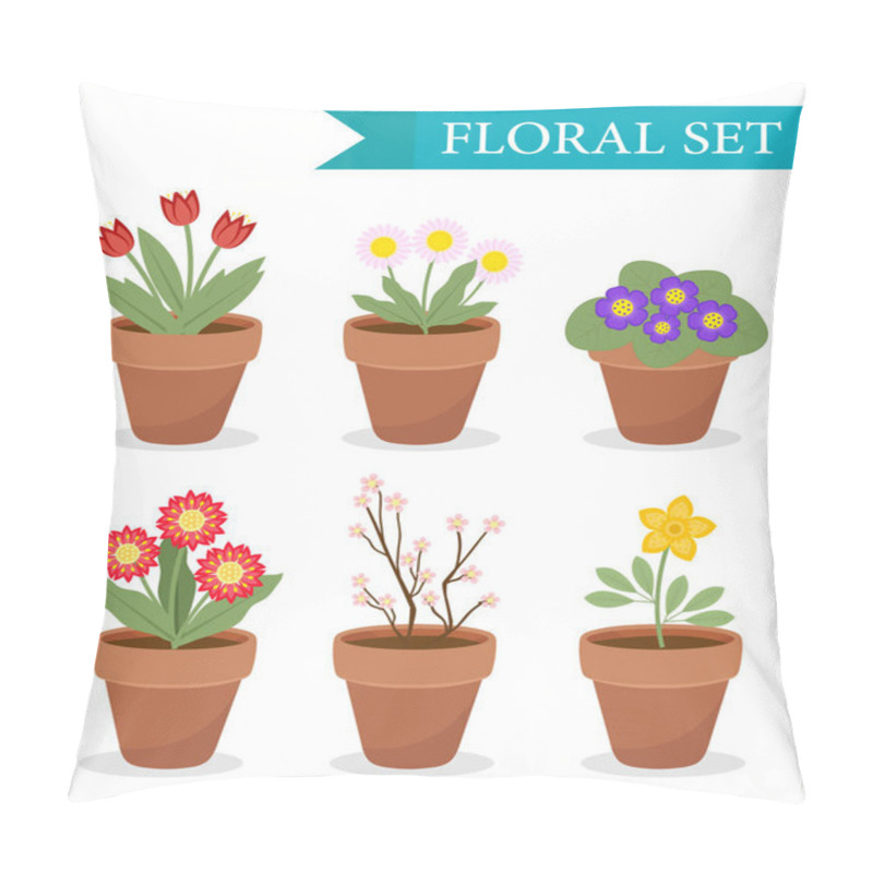 Personality  Flower Pot With Different Flowers Set, Flat Style. Flowerpot Collection Isolated On White Background. Vector Illustration, Clip Art. Pillow Covers