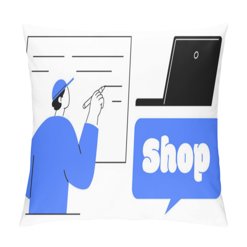 Personality  Man In Blue Cap Writing On A Whiteboard. Next To Him Is A Laptop Icon And A Speech Bubble With The Word Shop. Ideal For Education, E-commerce, Online Learning, Teaching, Digital Marketing. Simple Pillow Covers