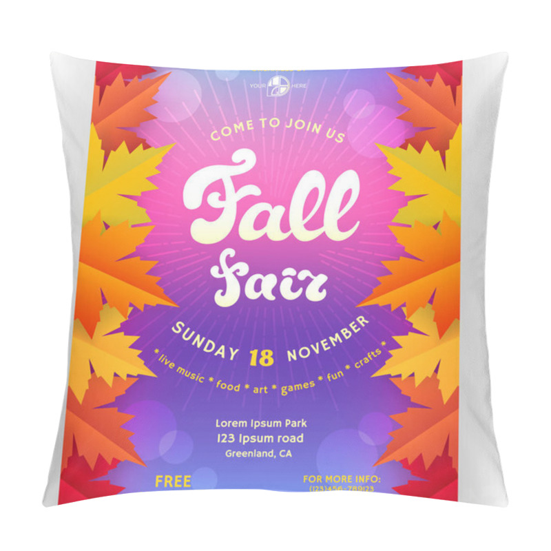 Personality  Fall Fair Poster Design. Template For Invitation. Customized Text And Abstract Maple Leaves. Bright Colorful Background With Shadows And Bokeh Effect. Vector Illustration. Pillow Covers