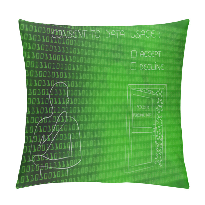 Personality  New Data Protection Regulations Conceptual Illustration: Doubtful Man Looking At Open Door With Access To Personal Data And Accept Or Decline Consent Question Pillow Covers