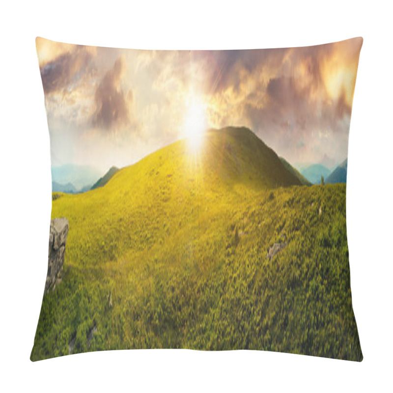 Personality  Panorama With Rock On The Grassy Hill In Mountains. Beautiful Summer Landscape In Evening Light. Amazing Nature Scenery. Dramatic Cloudy Sky At Sunset Pillow Covers