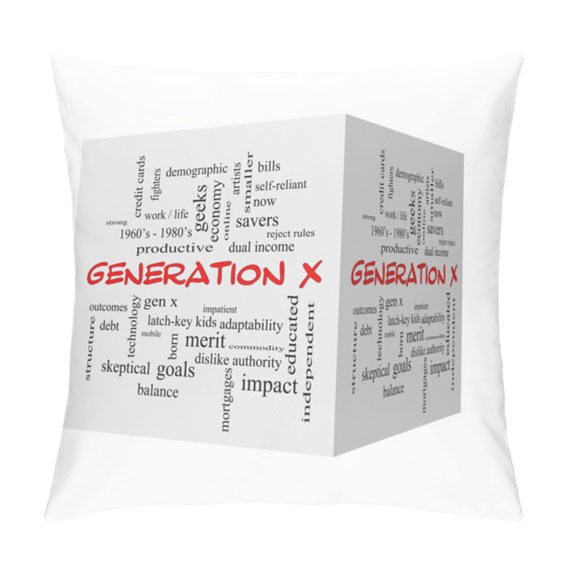 Personality  Generation X 3D Cube Word Cloud Concept In Red Caps Pillow Covers