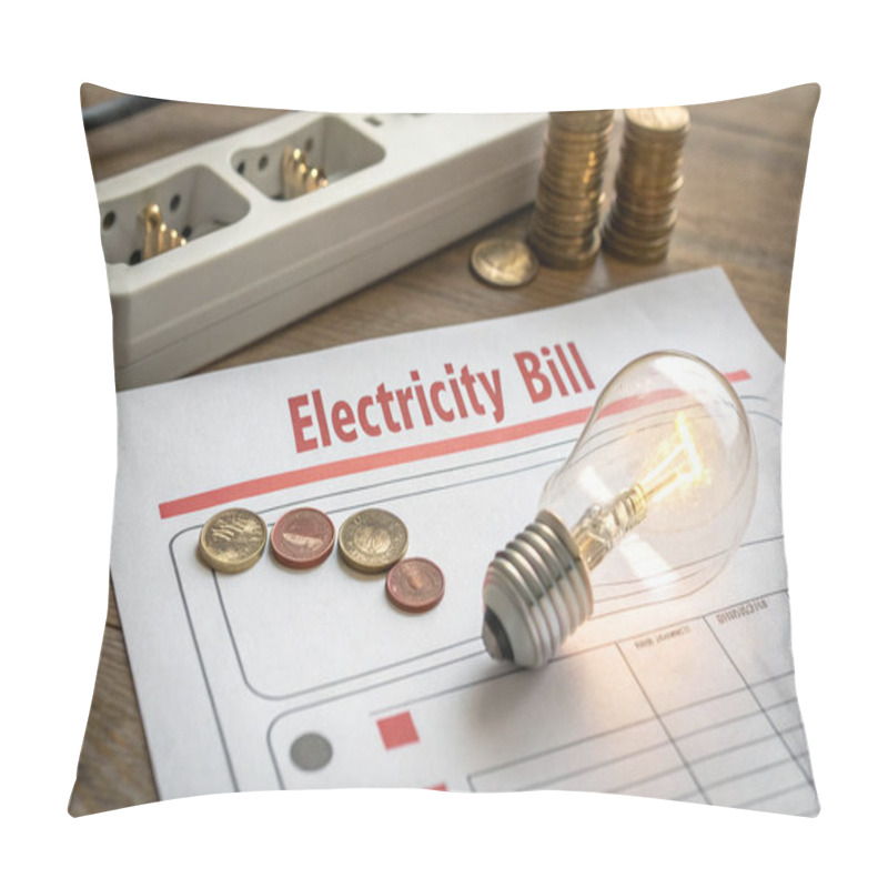 Personality  The Image Shows A High Electricity Bill, A Lit Light Bulb, And A Stack Of Coins, Symbolizing The Financial Burden Of Rising Energy Costs And The Impact On Household Budgets. Pillow Covers