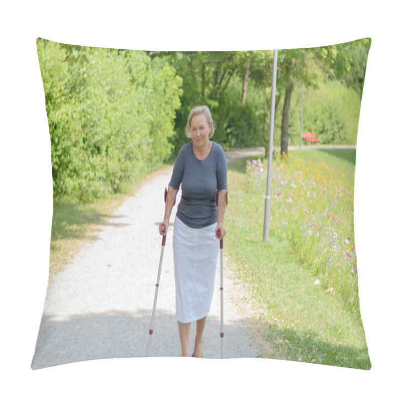 Personality  Elderly Lady Walking In The Country On Crutches Pillow Covers