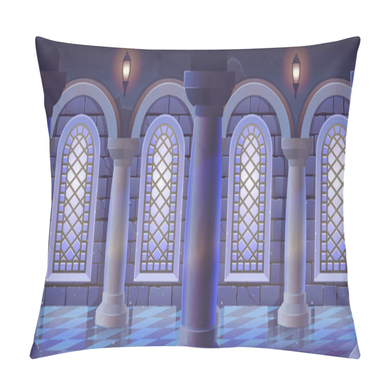 Personality  Seamless Background.Medieval Castle Room With Stained Glass Windows, Columns Marble Floor And Stone Wall. Interior Of Ancient Palace. Background For Games Vector Illustration Of Cartoon Corridor. Pillow Covers