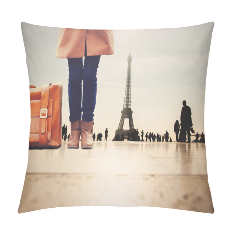 Personality  Female In Coat And Shoes Near Suitcase With Eiffel Tower On Background. Autumn Travel Season  Pillow Covers