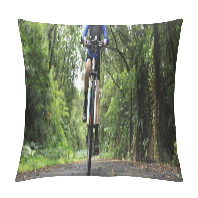 Personality  Woman Cyclist Riding Mountain Bike On Tropical Rainforest Trail Pillow Covers