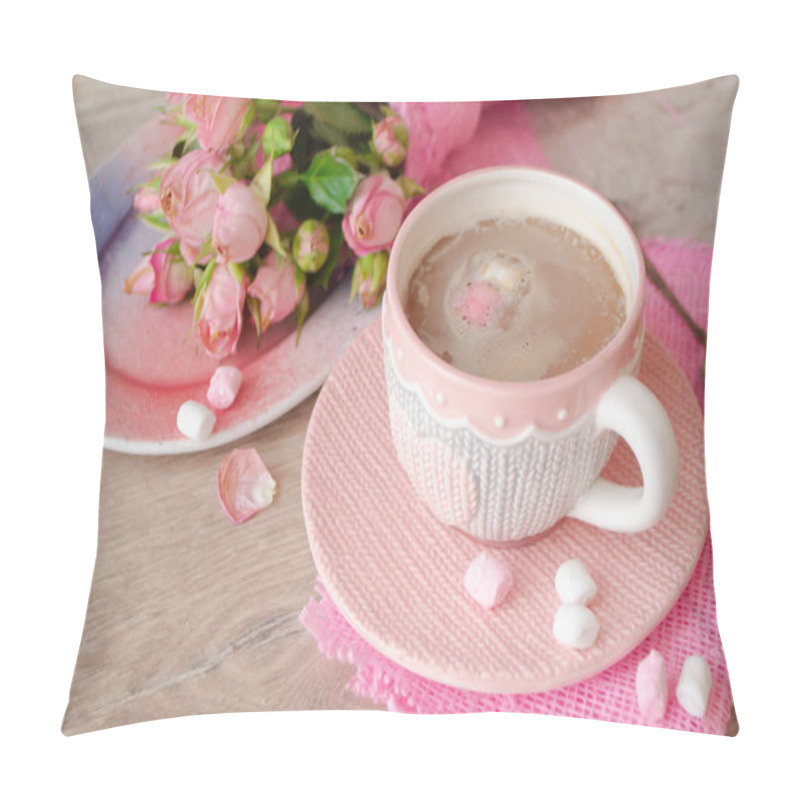 Personality  Cocoa Chocolate Cup With Hot Drink And White And Pink Marshmallow, Cacao In Mug With Pink Roses, Holiday Coffee House Shop, Romantic Decoration, Mug With Knitted Effect Pillow Covers