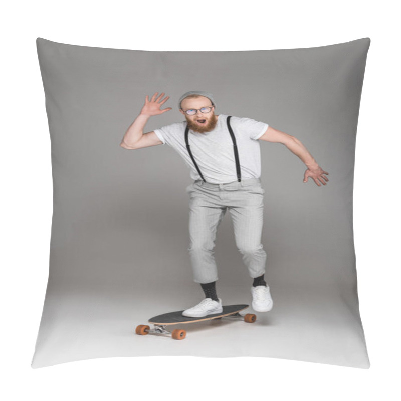 Personality  Scared Bearded Man With Open Mouth Standing On Longboard And Looking At Camera On Grey Pillow Covers