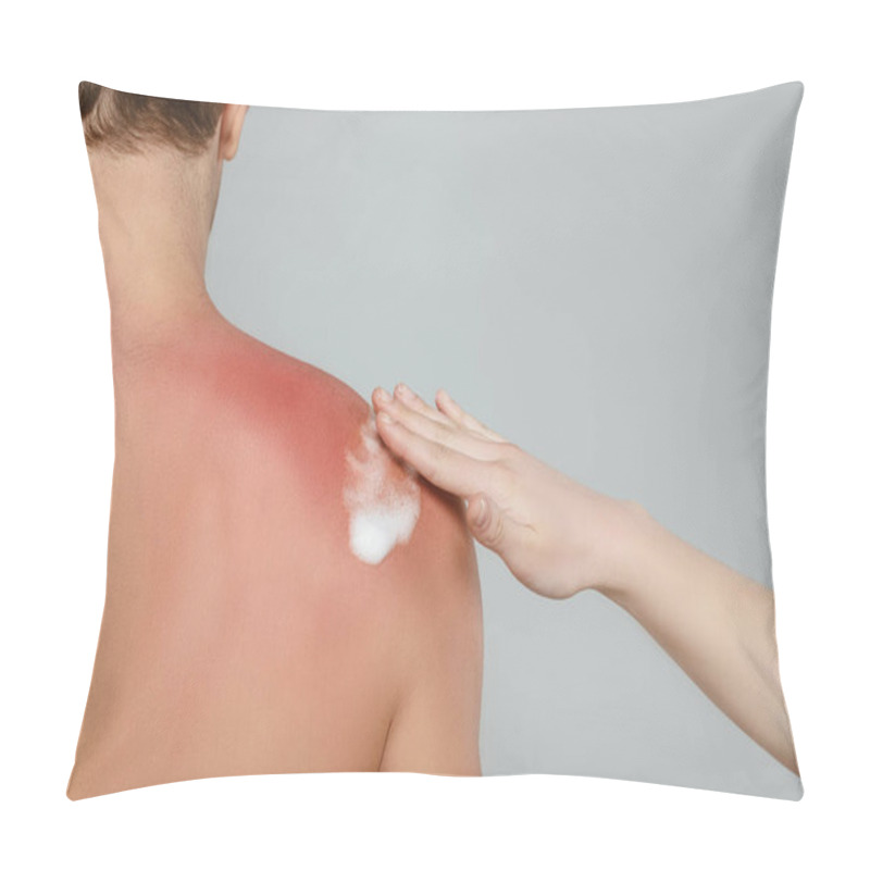 Personality  Cropped View Of Woman Applying Foam On Male Skin Isolated On Grey Pillow Covers