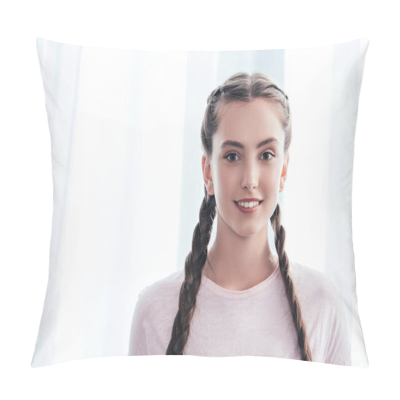 Personality  Portrait Of Smiling Teenage Girl With Plaits Looking At Camera In Front Of Curtains At Home Pillow Covers