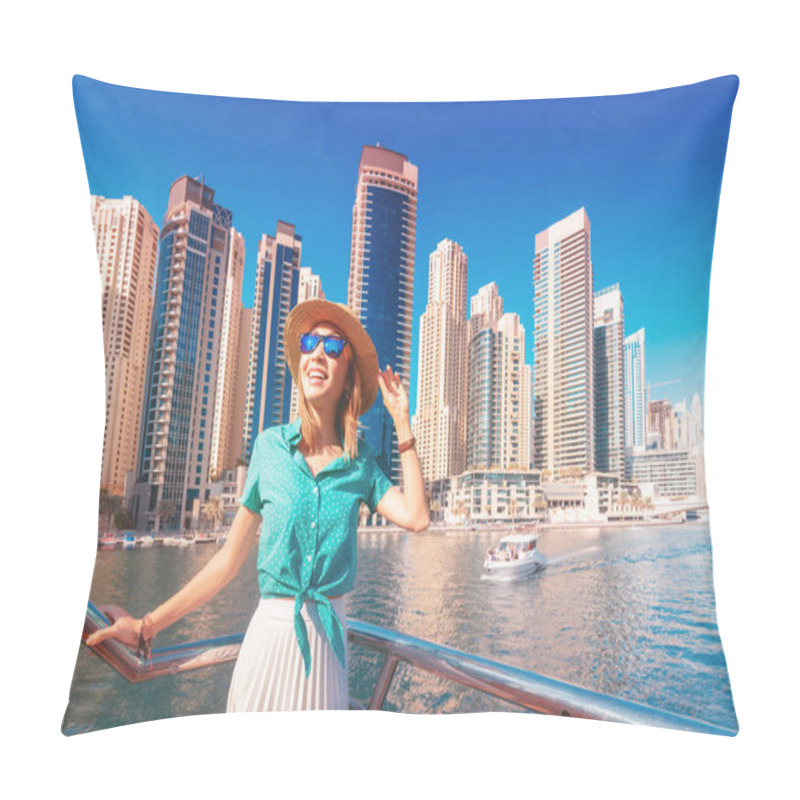 Personality  Cheerful Girl Traveler On A Ferry Boat Sailing Through Dubai Marina Port Among Huge Skyscrapers. Concept Of Tourism In The UAE Pillow Covers