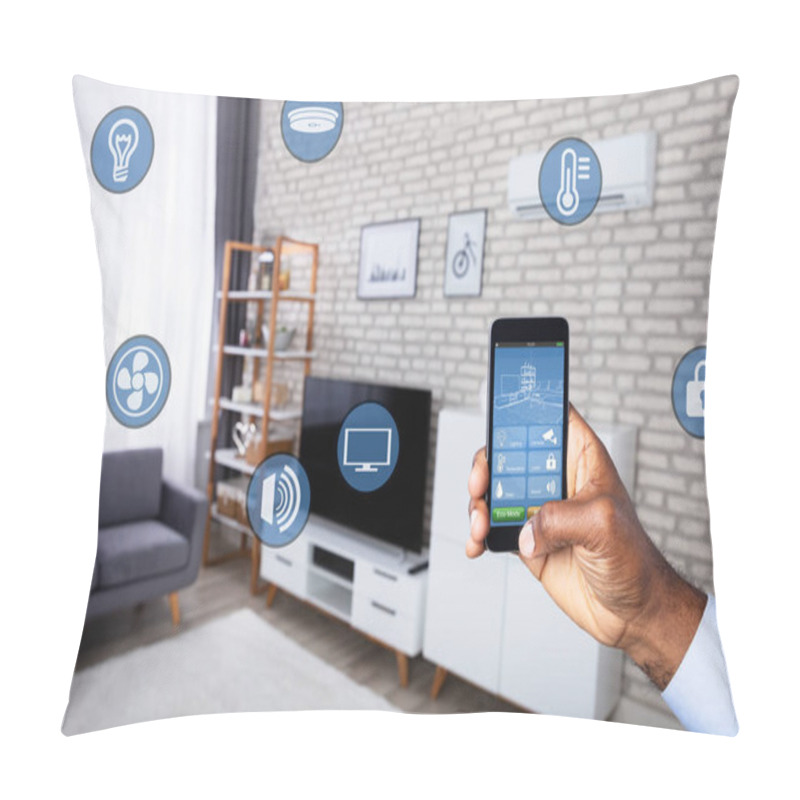 Personality  Man's Hand Using Home Control System On Cellphone With Various Icons Pillow Covers