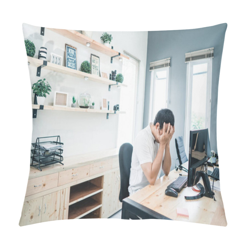 Personality  Portrait Of Worker Alone On The Office With Serious Problem Pillow Covers