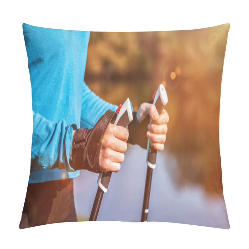 Personality  Closeup Of Womans Hand Holding Nordic Walking Poles Pillow Covers