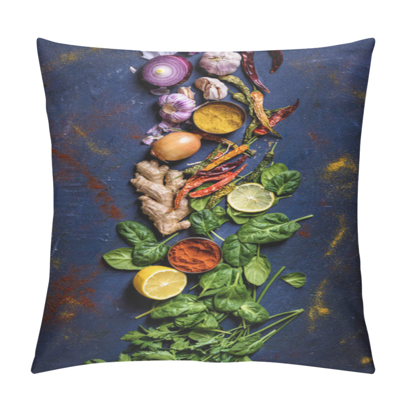 Personality  Top View Of Fresh, Organic, Healthy Herbs, Vegetables And Spices On Blue   Pillow Covers