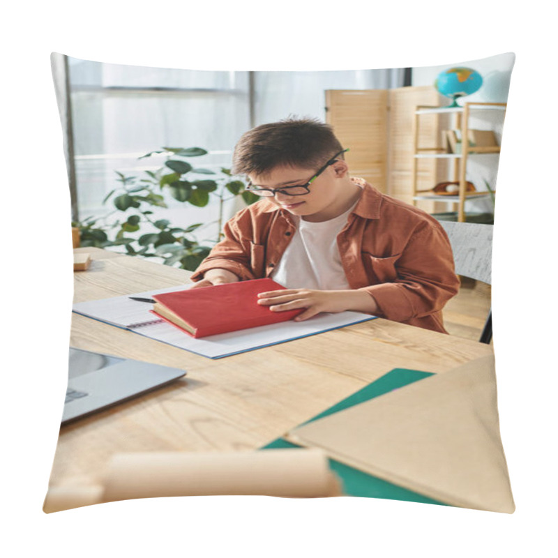 Personality  A Boy With Down Syndrome Sits At A Desk With A Laptop And A Book. Pillow Covers