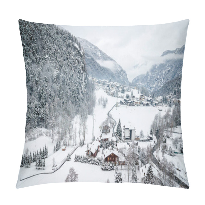 Personality  Winter Aerial Panoramic Landscape In Valle D'Aosta. Italy. View Of Antey-Saint-Andre From Above Pillow Covers