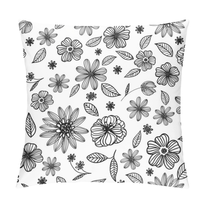 Personality  Handmade Outline Flowers Doodle Drawing, Black Over White Background Seamless Pattern Pillow Covers