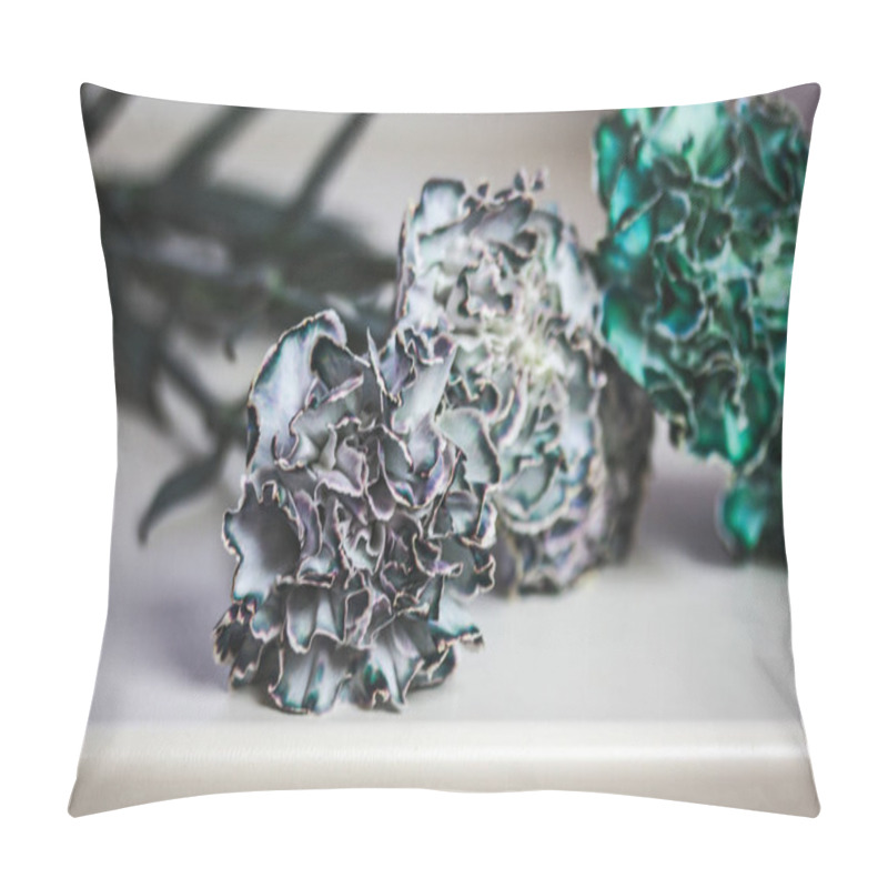 Personality  A Bunch Of Blue And Green Carnation Flowers On White Background. Unusual Flower Pistils And Stamens. Bouquet Of Blossoms On Mother's Day Celebration. Pillow Covers