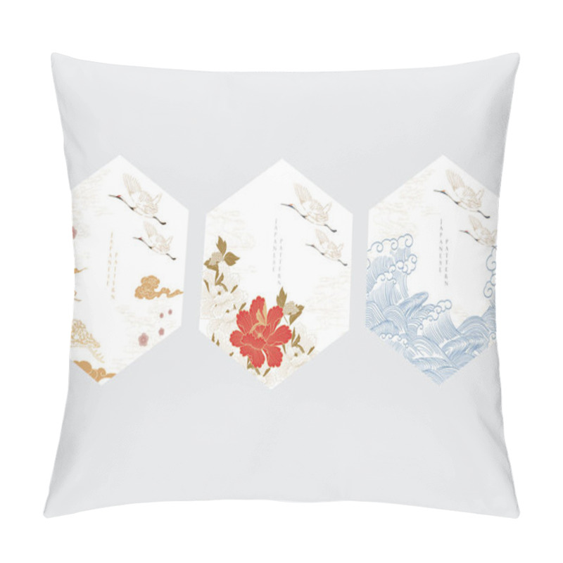 Personality  Japanese Background With Crane Birds Vector. Asian Natural Landscape Template With Hand Drawn Wave Pattern In Oriental Style. Geometric Logo Design. Pillow Covers