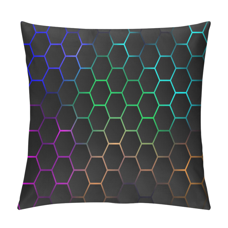 Personality  The Hexagons Are Arranged Like A Honeycomb, With Light Blue, Pink, Green, Orange Below Them Bright And Dark. On A Black Background, Fantasy, Futuristic And Technology Pillow Covers