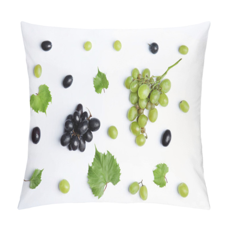 Personality  Fresh Ripe Juicy Grapes And Leaves On White Background, Top View Pillow Covers