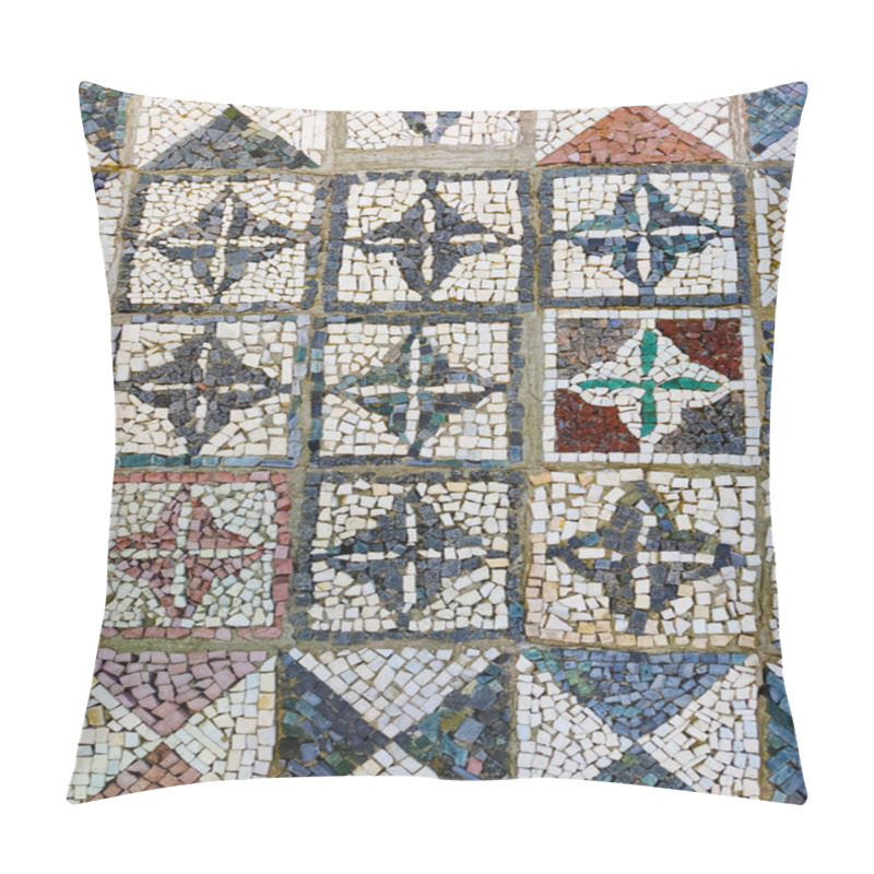 Personality  A Detailed Close-up Of An Ancient Mosaic Floor Featuring Geometric Cross Patterns In Various Colors, Primarily Using Black, White, And Earthy Tones. Each Tile Square Has A Distinct Cross-like Design, Created From Small, Carefully Arranged Stones. Pillow Covers