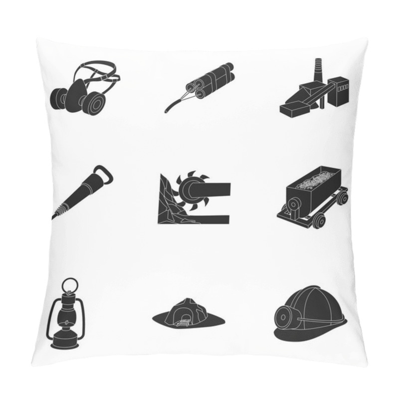 Personality  Set Of Icons About The Mine. The Extraction Of Coal, Minerals, Protection Of The Miners. Processing Of Coal.Mine Industral Icon In Set Collection On Black Style Vector Symbol Stock Illustration. Pillow Covers