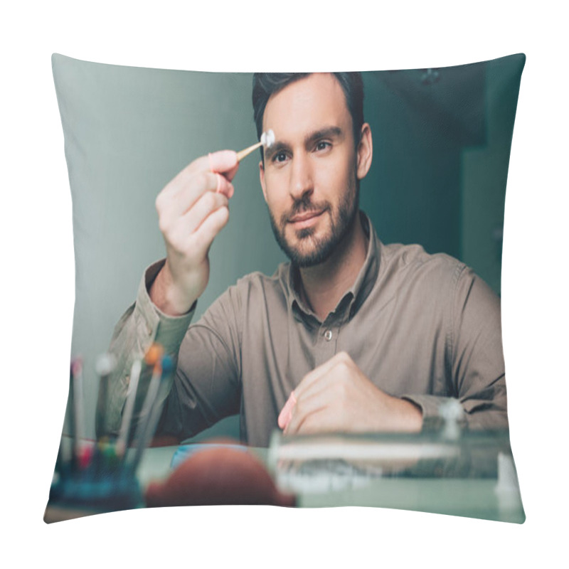 Personality  Selective Focus Of Handsome Watchmaker Looking At Watch Part At Working Table Pillow Covers