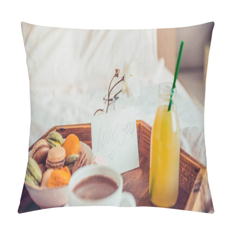 Personality  Breakfast In Bed With I Love You Text On A Note. Cup Of Coffee, Juice, Macaroons, Rose Flower On Wooden Tray. Romantic Breakfast In Bed. Birthday, Valentine's Day Morning. Wide Banner. Copy Space Pillow Covers