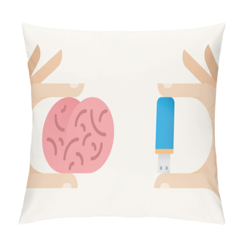 Personality  Hand With Human Brain And USB Computer Memory Flash Drive. Concepts: Brain Memory And Computer Digital Memory Comparison, Capacity, New Technologies, Substitutes, Man Potential Vs Computer Capability Pillow Covers