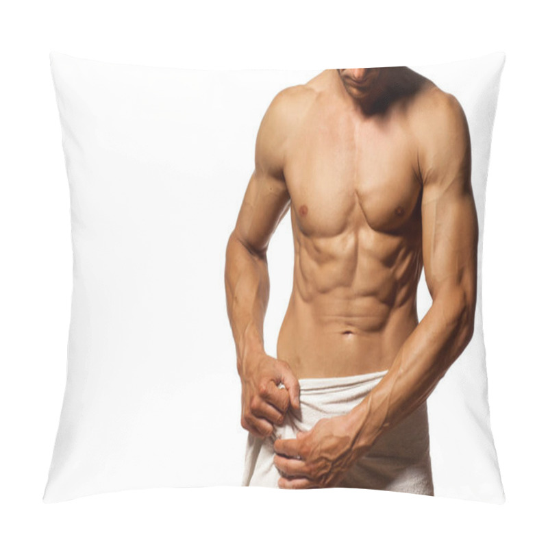 Personality  Half-naked Handsome And Muscular Young Man With Towel Around His Waist Posing On A White Background Pillow Covers