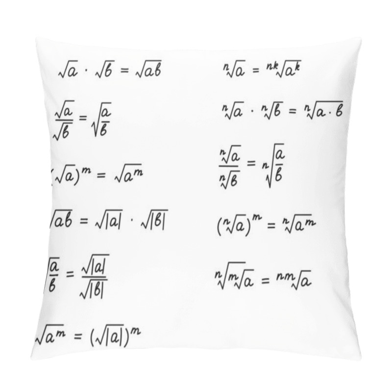 Personality  Properties Of Square Roots Formulas. Solution Scheme. Algebra Background. Education, Getting Classes, School Program Higher Mathematic Text. Grouped And Isolated On White. Vector Illustration Pillow Covers