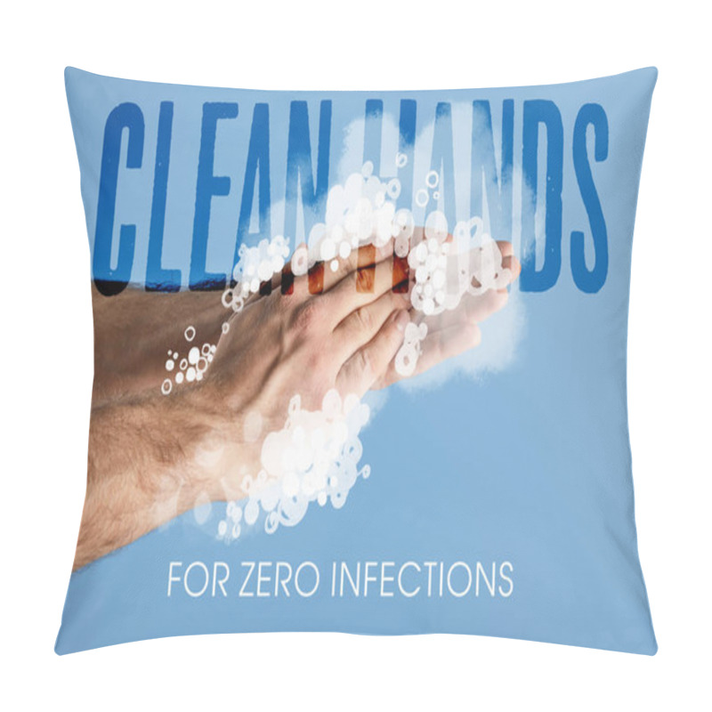 Personality  Cropped View Of Man Washing Hands Isolated On Blue, Clean Hands For Zero Infections Illustration Pillow Covers