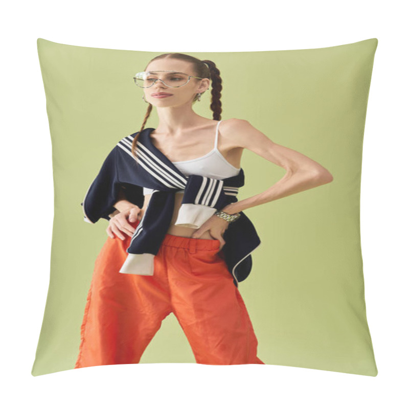 Personality  A Young Woman With Anorexia Poses Confidently, Showcasing Her Unique Style And Beauty. Pillow Covers