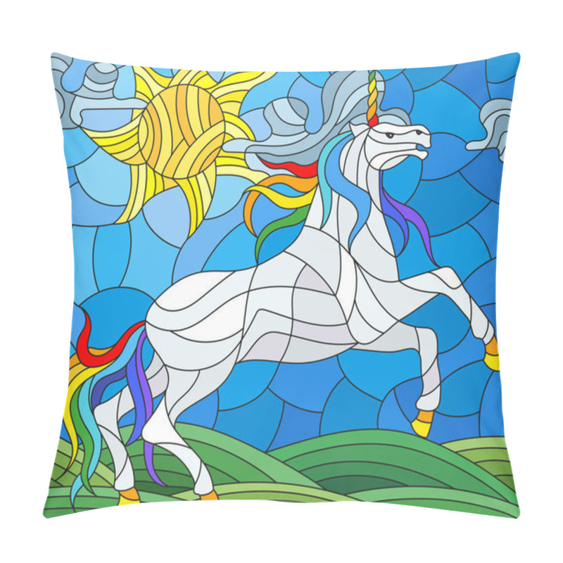 Personality  Illustration In Stained Glass Style With Fabulous White Unicorn Galloping On The Green Meadow On The Background Of The Cloudy Sky And Sun Pillow Covers