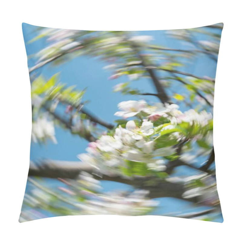 Personality  Blurry Image Of White Blossoms Against A Blue Sky, Capturing Spring's Vibrancy. Pillow Covers