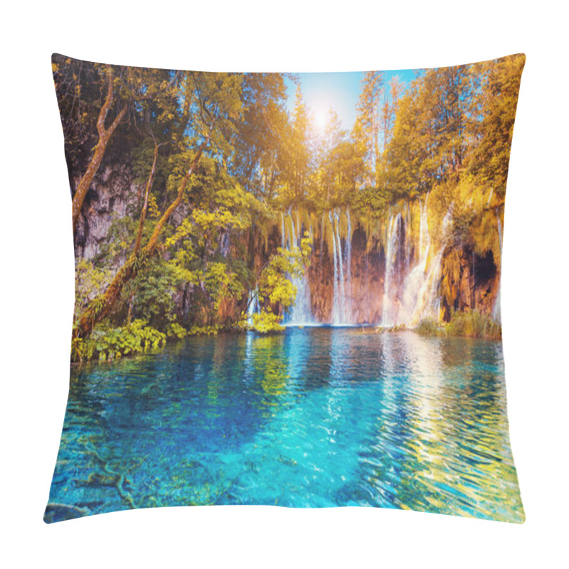 Personality  Majestic View On Turquoise Water And Sunny Beams.  Location Famous Resort Plitvice Lakes National Park, Croatia, Europe. Dramatic And Vivid Scene. Beauty World. Retro Filter. Instagram Toning Effect.  Pillow Covers