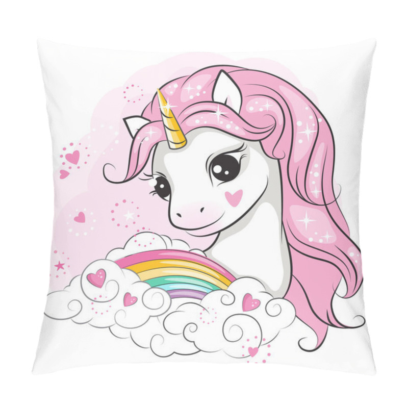 Personality  Portrait Of Cule Little Unicorn With Pink Mane. Rainbow And Clouds. Beautiful Picture For Your Design.  Pillow Covers