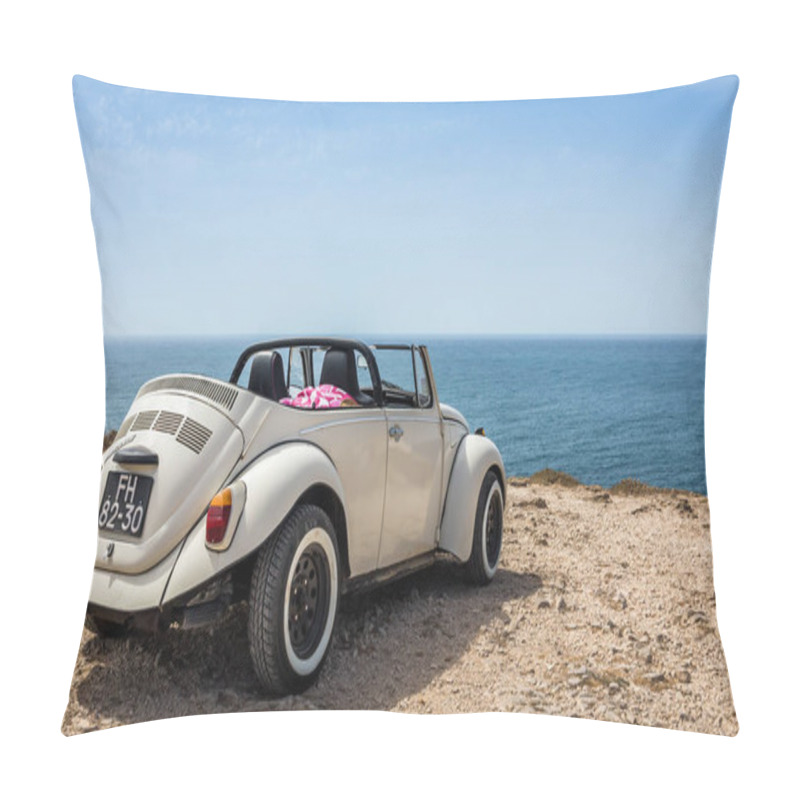 Personality  SAGRES, PORTUGAL - AUGUST 26, 2016: Classic Cabrio Car At Cape St. Vincent In Portugal Pillow Covers