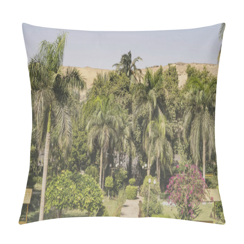 Personality  The Botanical Garden On Kitchener Island In Aswan. Palm Trees, Flowering Shrubs Grow Along The Alley. Lush Green Vegetation And Desert Sand Dunes Against A Blue Sky Background. Egypt Pillow Covers