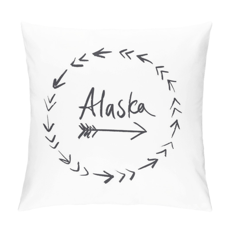 Personality  Vector Hand Drawn Stylized Alaska Logo With Frame. Arrow Label. Boho Style. Clipart, Isolated Vector Sign. Pillow Covers