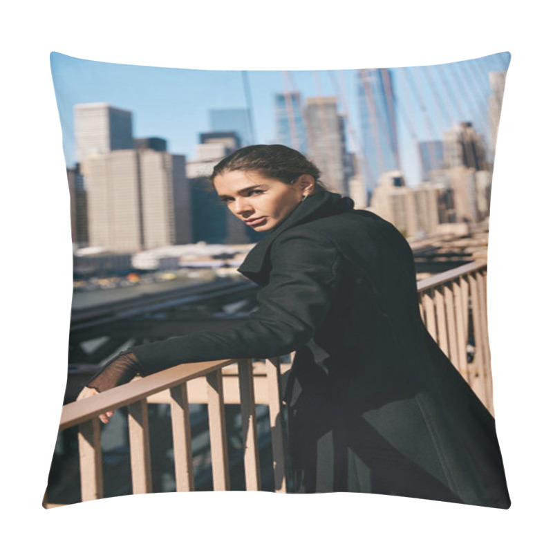 Personality  A Young Woman Pauses On A Bridge In New York City, Taking In The View. Pillow Covers