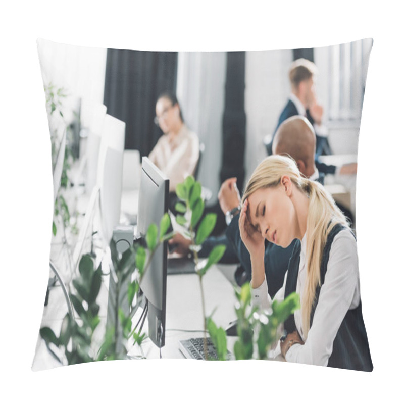 Personality  Sick Young Woman Suffering From Headache At Workplace Pillow Covers