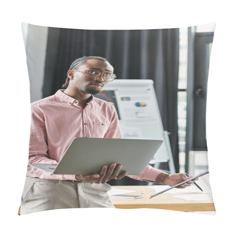 Personality  Confident Digital Nomad Engages In Remote Work While Showcasing His Creative Insights. Pillow Covers