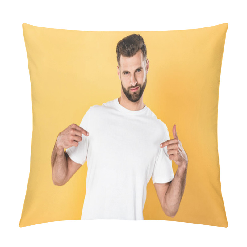 Personality  Egotistical Handsome Man In White T-shirt Pointing With Fingers At Himself Isolated On Yellow Pillow Covers