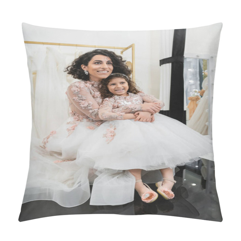 Personality  Joyful Middle Eastern Bride In Floral Wedding Dress Hugging Happy Girl In Cute Attire In Bridal Salon, Shopping, Special Moment, Mother And Daughter, Happiness, Looking Away, White Gown Pillow Covers