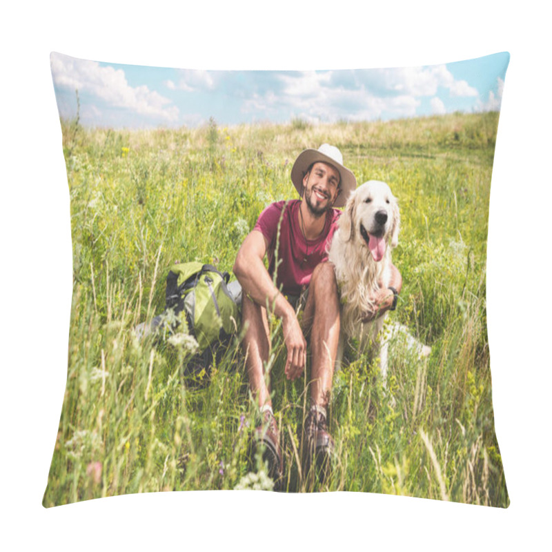 Personality  Male Traveler Sitting With Dog On Green Summer Meadow Pillow Covers