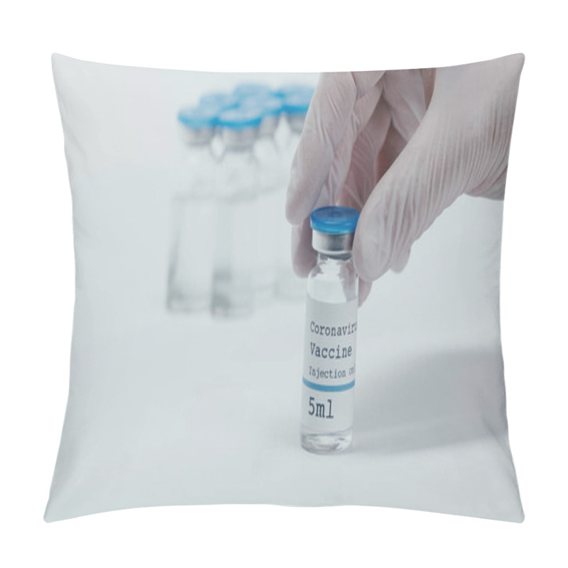 Personality  Cropped View Of Person Holding Bottle With Coronavirus Vaccine Liquid On White  Pillow Covers